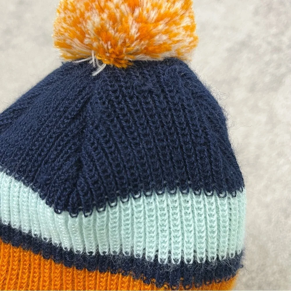 Smartwool Kids Stripe Pom Beanie Navy Blue Orange Size L/XL Fall Merino Wool
